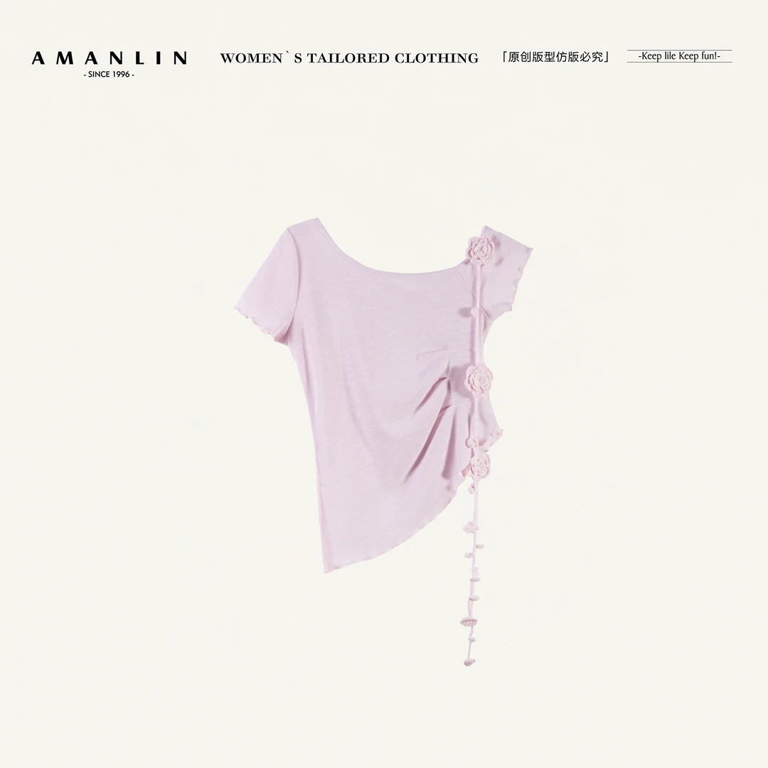 AMANLIN/阿谩琳欧若风春夏薄款不规则收腰显瘦T恤女上衣D596732