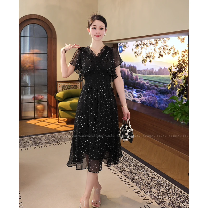 2025夏季新款【H-X85】蕾丝V领收腰显瘦黑色波点大裙摆连衣裙子