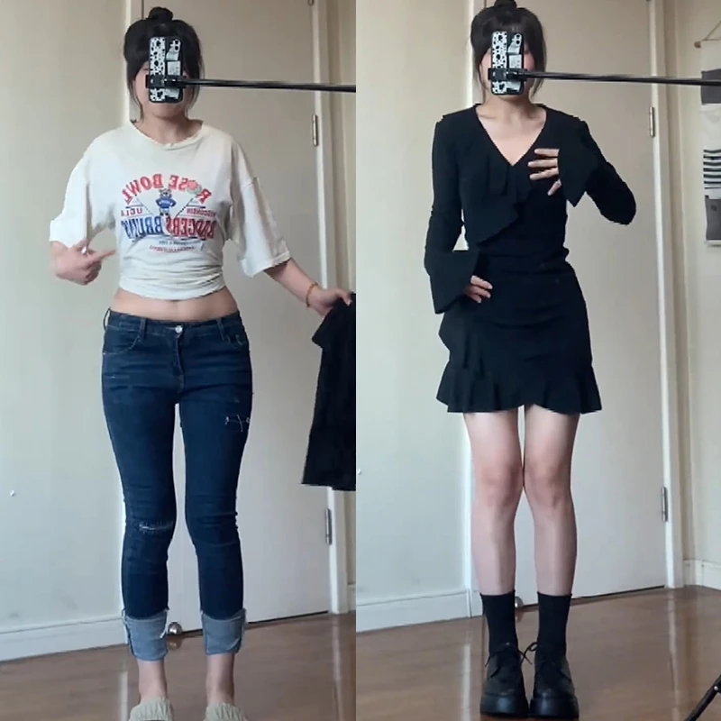 大码赫本风黑色v领荷叶边连衣裙秋款胖mm高级感纯欲风收腰鱼尾裙