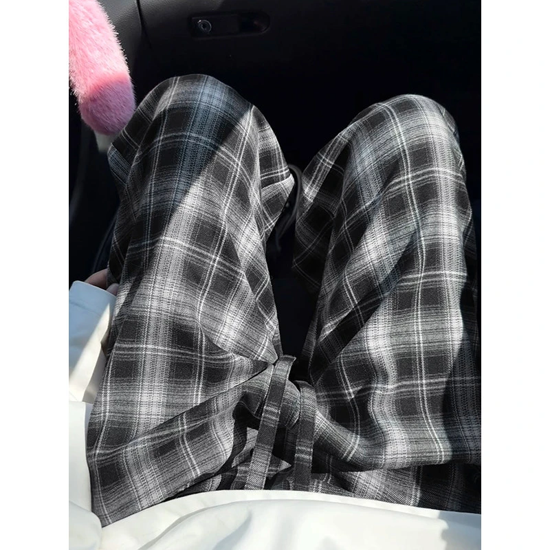 右刹砖红格阔腿裤春秋美式复古慵懒风拖地裤垂感显瘦直筒休闲裤潮