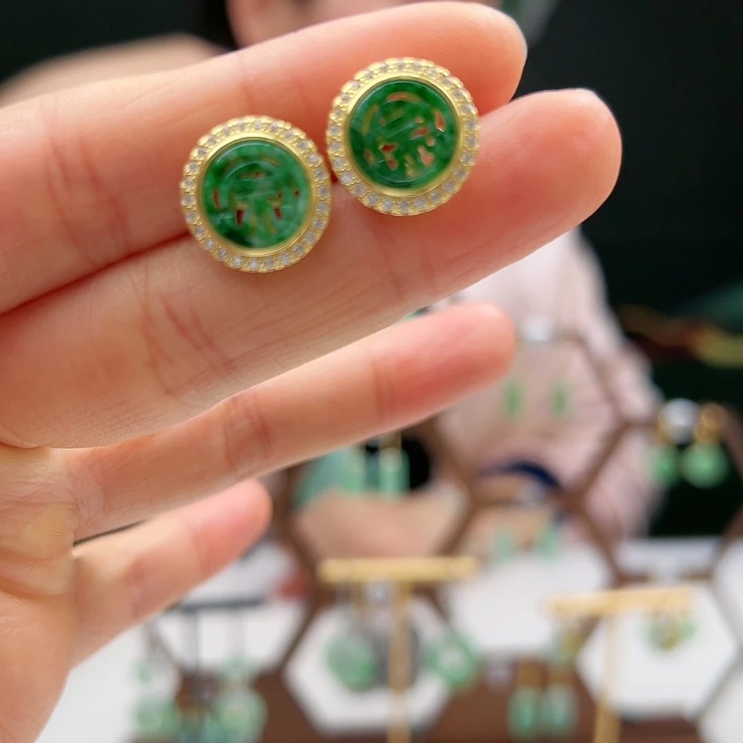 翡翠耳饰银S925镶嵌天然翡翠