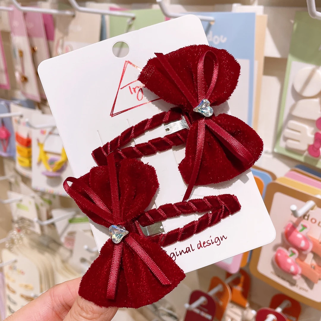 A-6280   T 1对酒红色蝴蝶结爆闪切面爱心植绒碎发掰掰夹    发圈