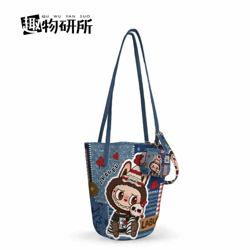 卡通拉布布新款女生小众休闲时尚印花通勤单肩斜挎加长水桶帆布包