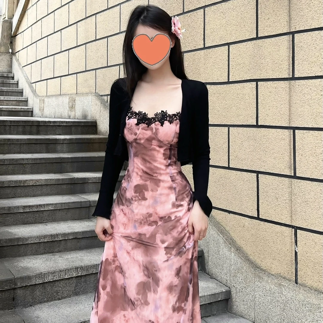 纯欲风蕾丝拼接扎染度假风吊带连衣裙女春秋甜辣收腰长裙两件套装