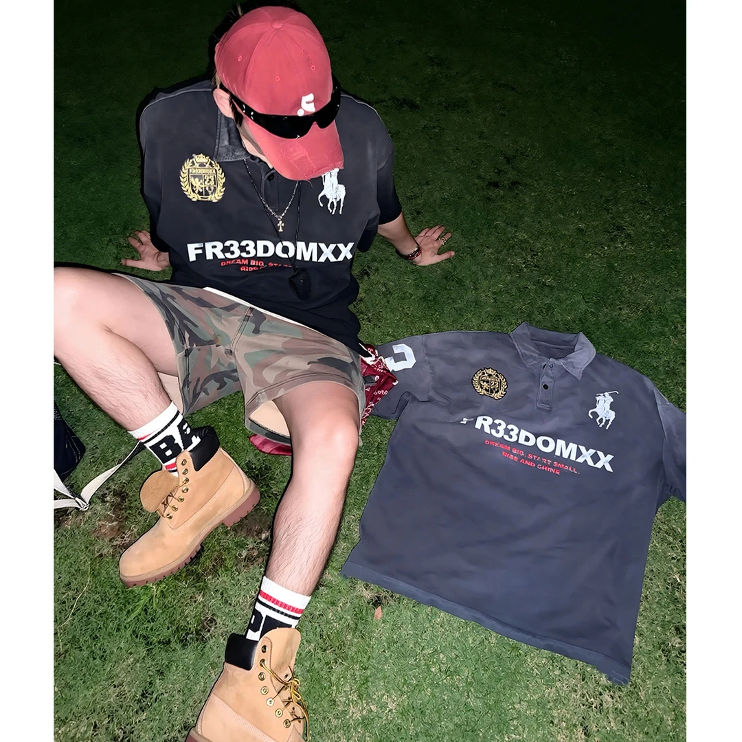 【POLO】重磅美式街头撞色印花翻领短袖T恤男宽松休闲做旧情侣上衣