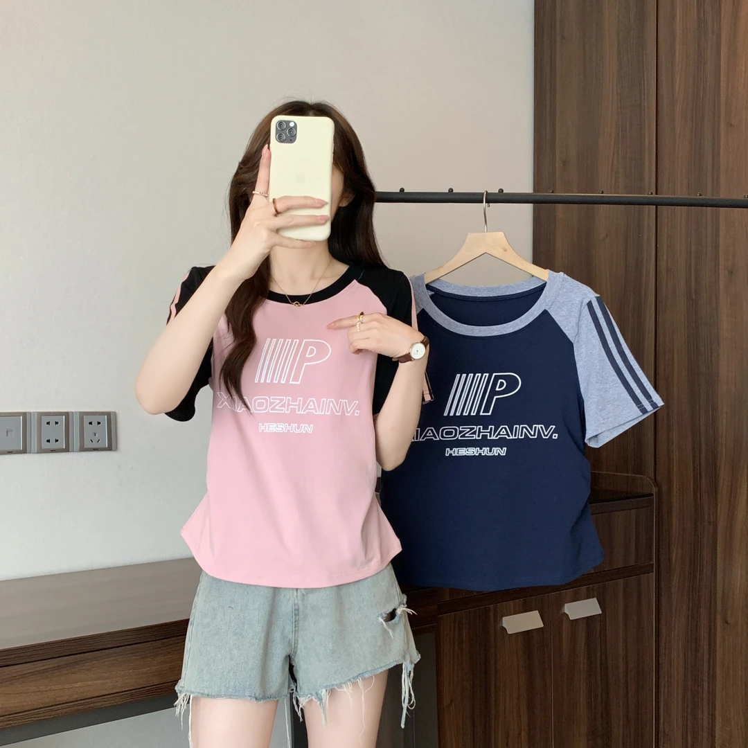 清2025夏季胖mm大码美式复古插肩短袖t恤字母印花正肩上衣64227