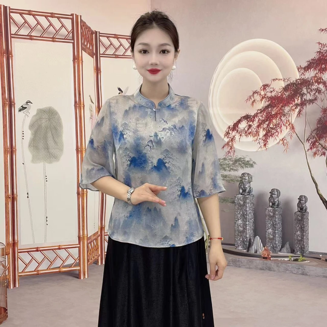 正版（墨韵流光）气质显瘦新中式薄款中袖遮肉宽松中国风单件上衣