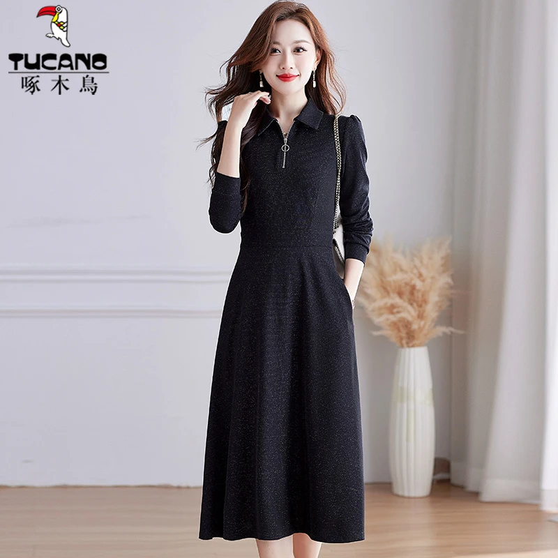 啄木鸟针织连衣裙女款休闲新款春装黑色裙子女士polo领高腰a字裙