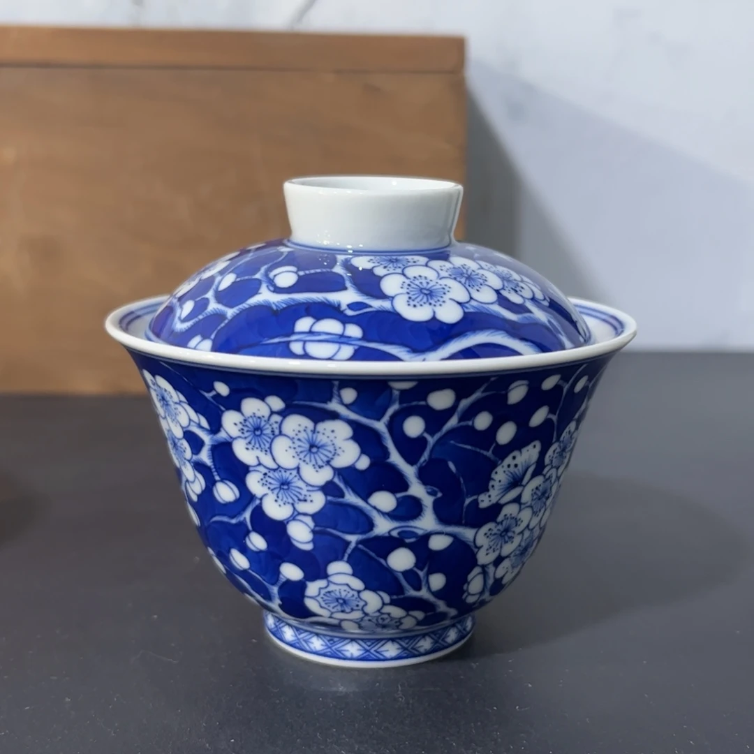 仿清青花冰梅盖碗