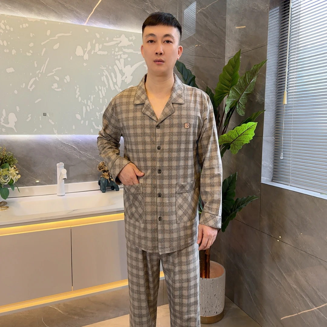 男士高端秋冬新款（浅卡其色莱卡棉）长袖长裤纯棉睡衣家居服