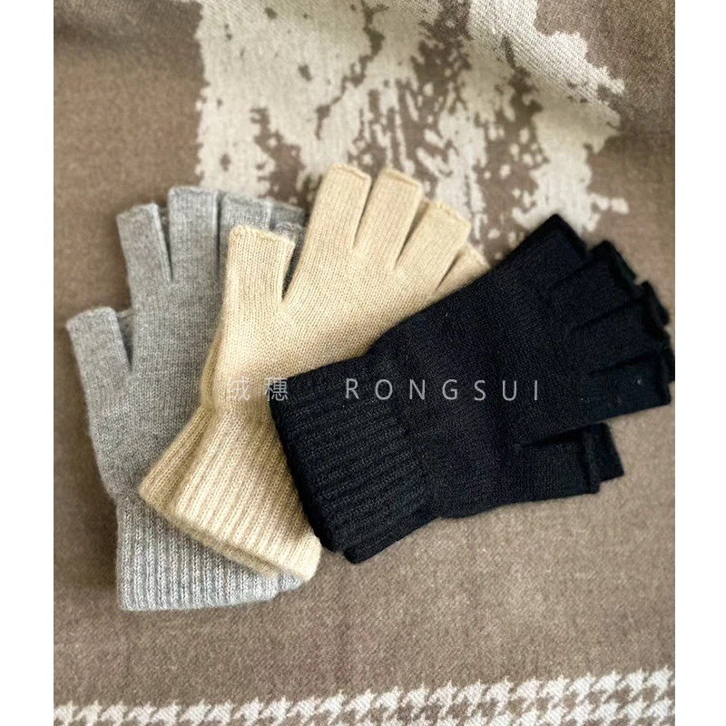100%纯山羊绒半指手套男女通用漏指保暖