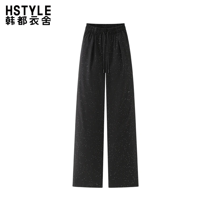 韩都衣舍松紧腰系带细闪休闲裤女小众高级感独特宽松显瘦直筒长裤