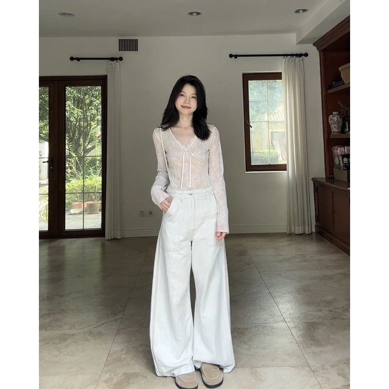 郭九九呢 法式复古V领网纱蕾丝长袖上衣肌理提花阔腿裤G924E13525