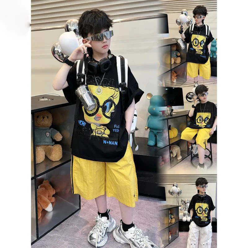 纯棉男童短袖【 卡通鸭子】夏款时尚街头男童黑色卡通鸭子图案T恤