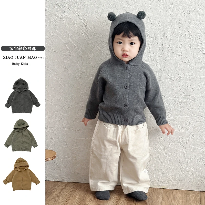 T25Q67春秋季韩版圆球针织开衫男女宝宝长袖外套超萌洋气外穿毛衣