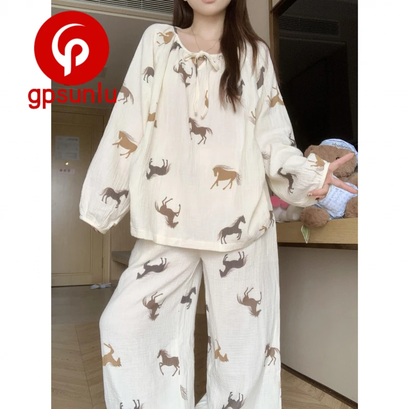 gpsunlu春秋睡衣女双层棉纱长袖长裤秋季2025新款大码卡通家居服