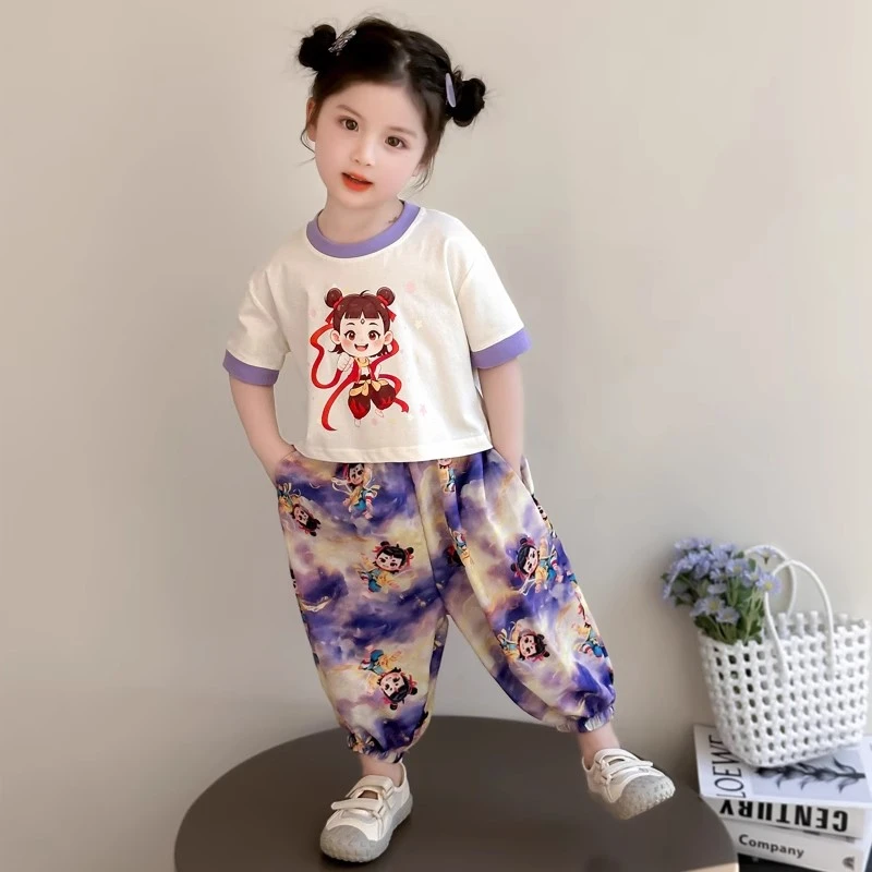 女童哪吒衣服防蚊裤套装夏季2025款小女孩夏天轻薄运动短袖两件套