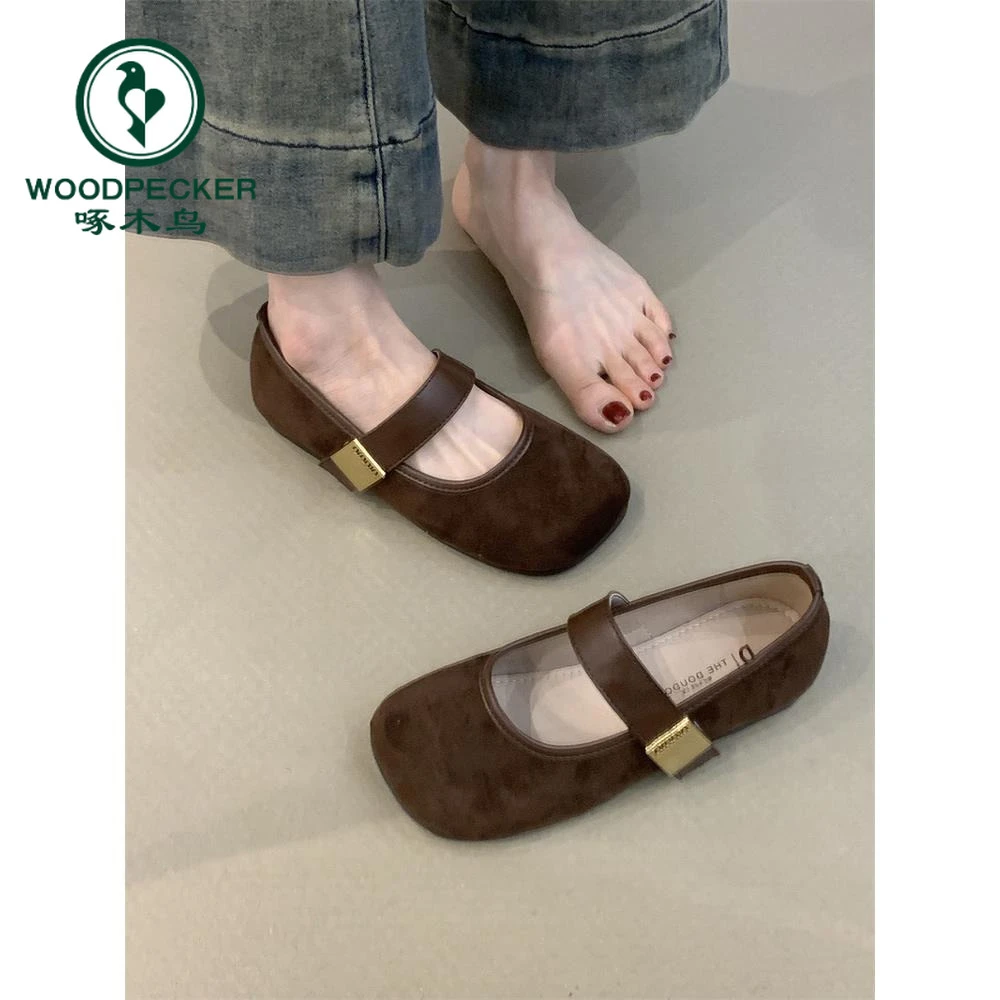 啄木鸟复古玛丽珍鞋2025新款韩系气质优雅绒面圆头显瘦软底芭蕾鞋