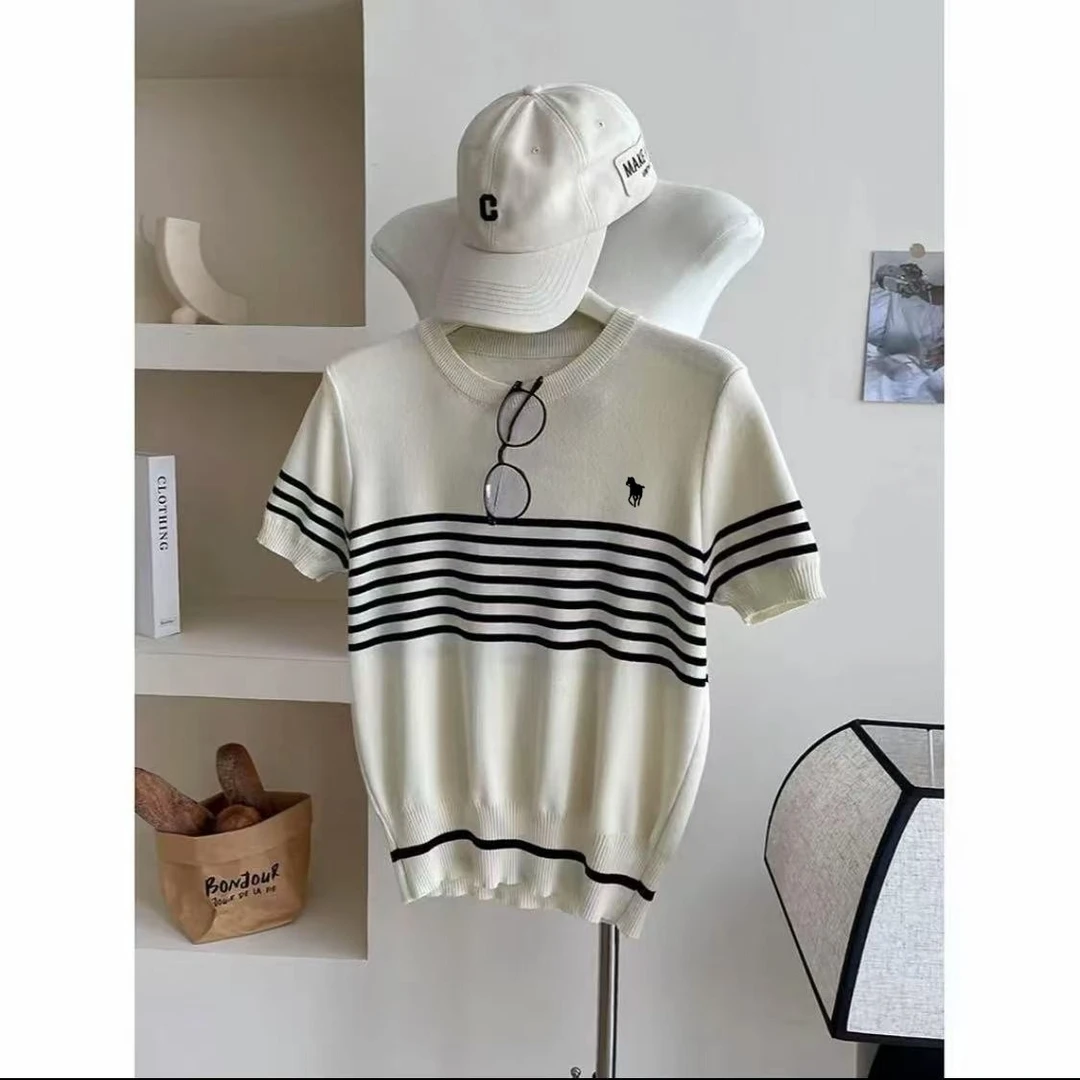 【老钱风穿搭】刺绣针织衫春夏新款条纹经典衫百搭上衣薄款品质女