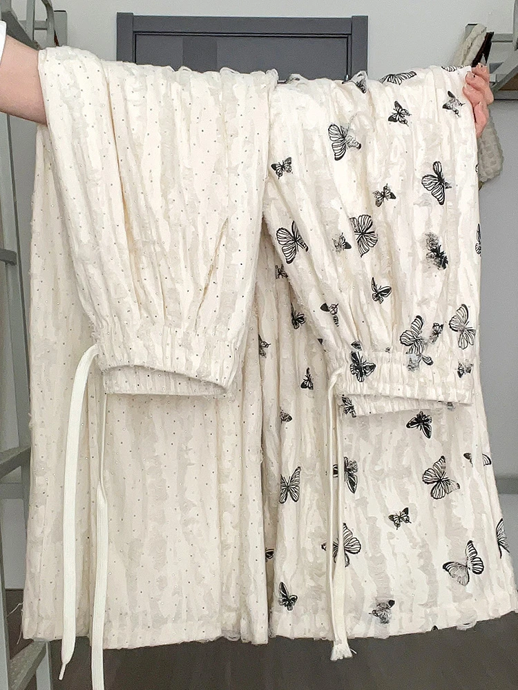 现货~白色蝴蝶破洞山本裤女夏季高腰垂感休闲慵懒带钻破洞阔腿裤