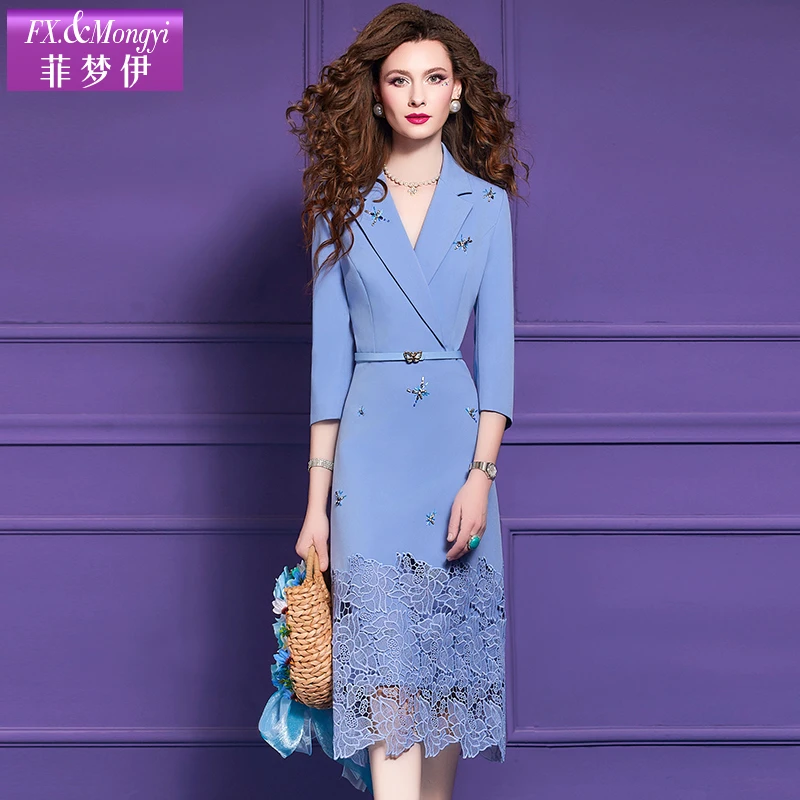 菲梦伊镂空绣花蓝色西装连衣裙女秋季别致通勤修身气质裙子62199