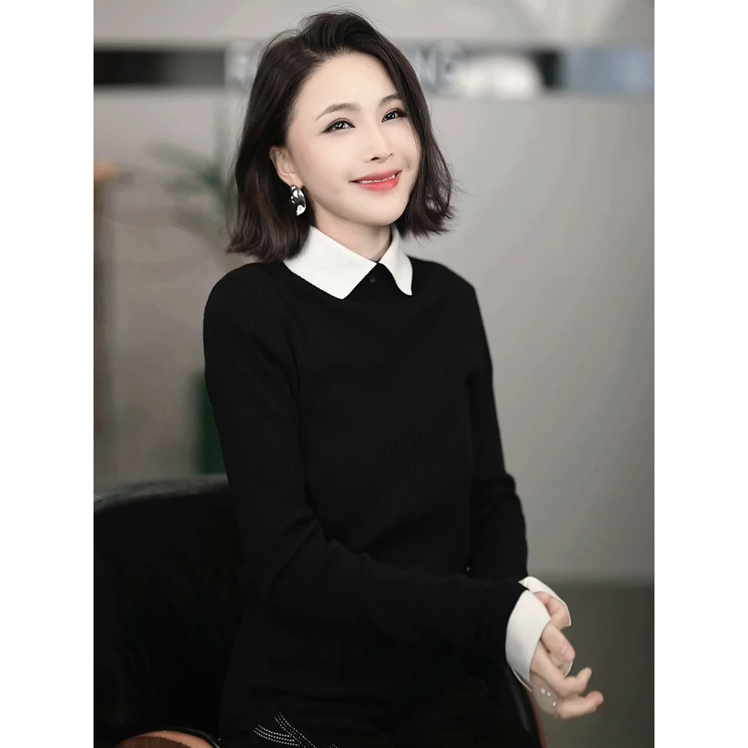 溶溶【精致个性】RONGRONG绵羊毛混纺气质风轻奢假两件针织衫女B039