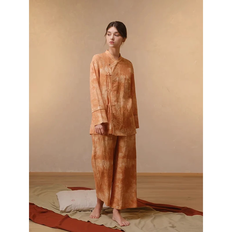 【晴菲专属】242-062朵朵可可睡衣女秋冬棉麻中式长袖家居服