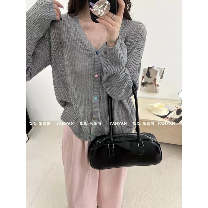 彩扣V领镂空开衫】慵懒风V领防晒长袖罩衫女针织开衫Q8327