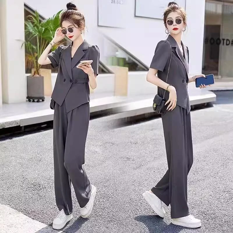 灰色高级感时尚短袖西装套装女2025夏季洋气薄款西服阔腿裤两件套
