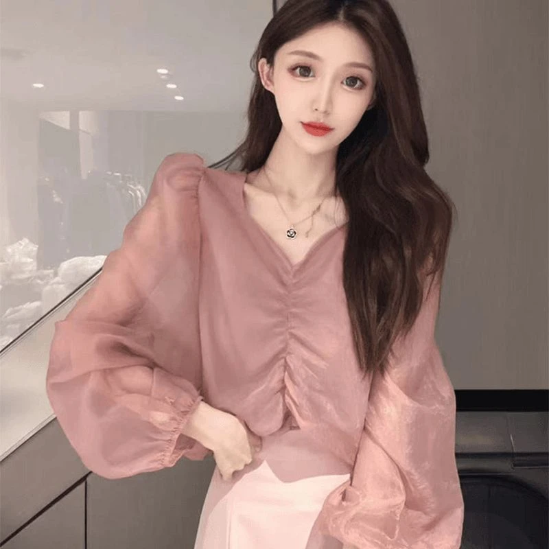 法式设计感小众褶皱长袖衬衫女春季百搭温柔风IN风粉色纯色上衣