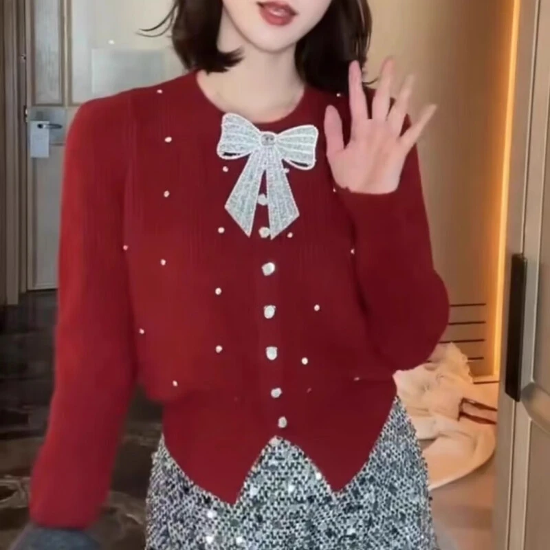 新年红色毛衣新款韩系小香风蝴蝶结圆领针织开衫女春秋温柔毛衣潮