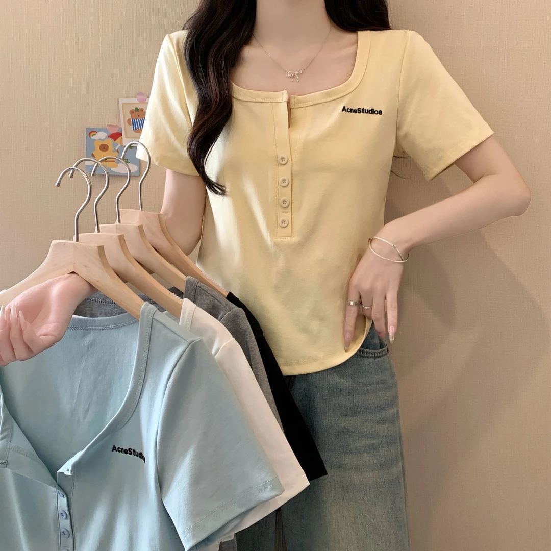 2025大码女装新款基础百搭刺绣字母半开领短袖T恤3167