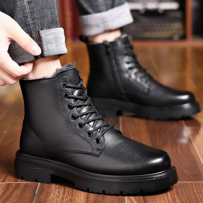 棉鞋男真皮加绒保暖皮毛一体马丁靴男冬季高帮厚底防滑男士棉靴