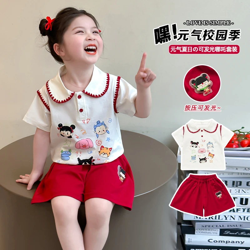 女童夏季国潮休闲风套装2025新款衣服儿童夏装薄款短袖哪吒两件套