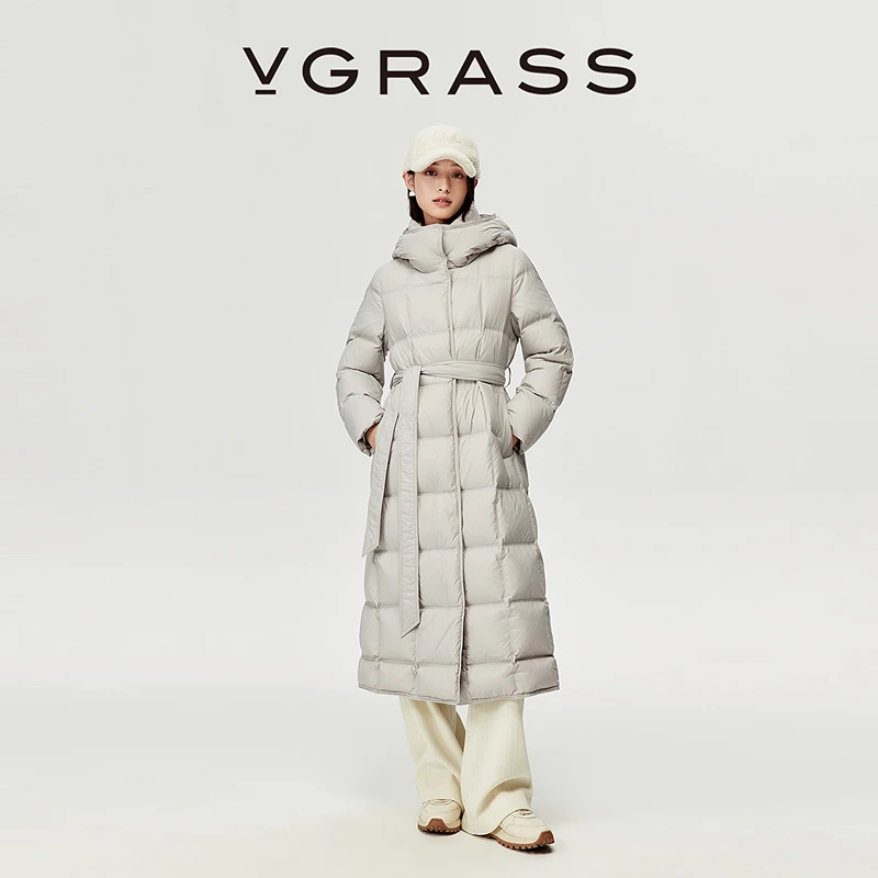 VGRASS25秋冬新款蓬松大朵白鹅绒连帽立领宽松面包羽绒服过膝长款