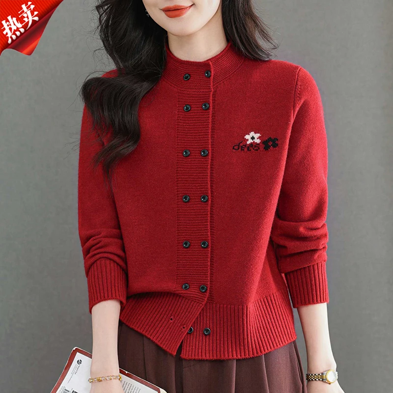 【原版正品】羊毛衫女双排扣短款毛衣外套秋冬立领刺绣针织开衫外搭