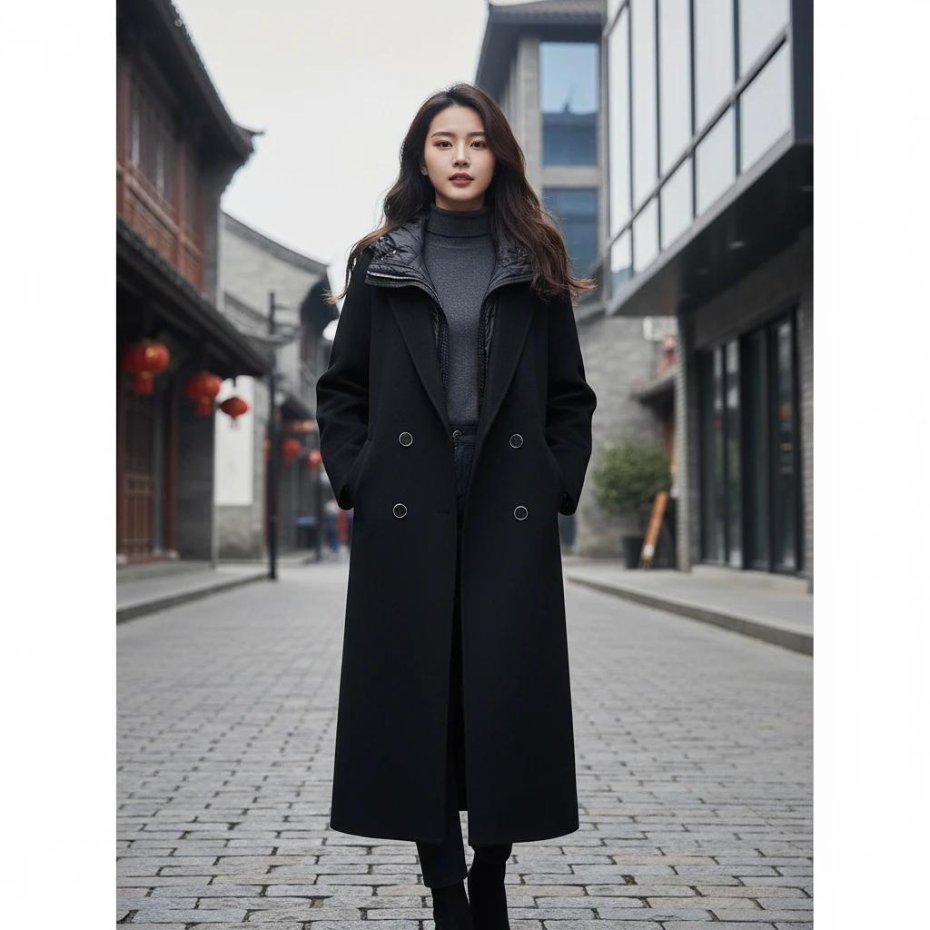 D92313两件套冬季时尚连帽长款高端气质双面呢子大衣