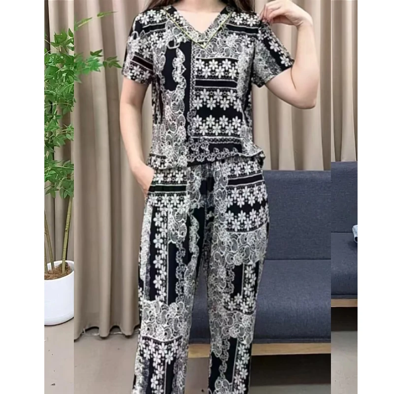 广场舞印花冰丝短袖两件套夏季薄款东中式V领上衣加裤子宽松妈装