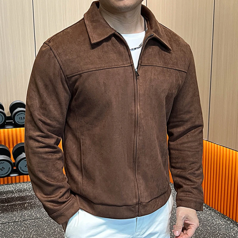 春秋轻奢高级感男士翻领皮衣外套休闲拉链夹克美拉德棕色简约时尚