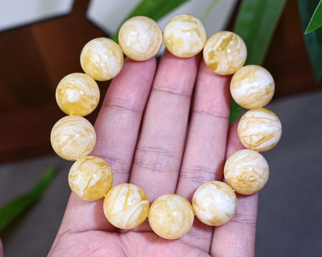 30.88 16mmO琥珀蜜蜡白虎皮蜡圆珠手串 层层叠加的纹理有谁不爱