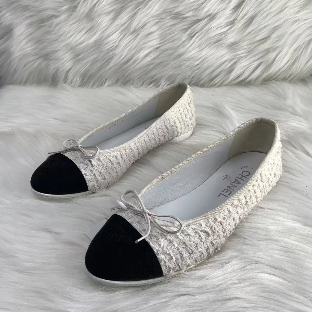 95新 Chanel/香奈儿 38码/仔仔/无配件/白色粗花呢芭蕾鞋 xxs791