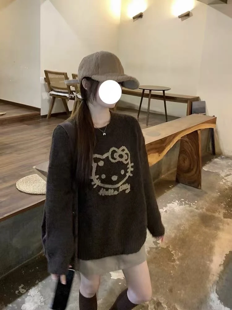 植绒绣花圆领宽松毛衣冬季Kitty猫提花设计慵懒风针织衫XJ25129