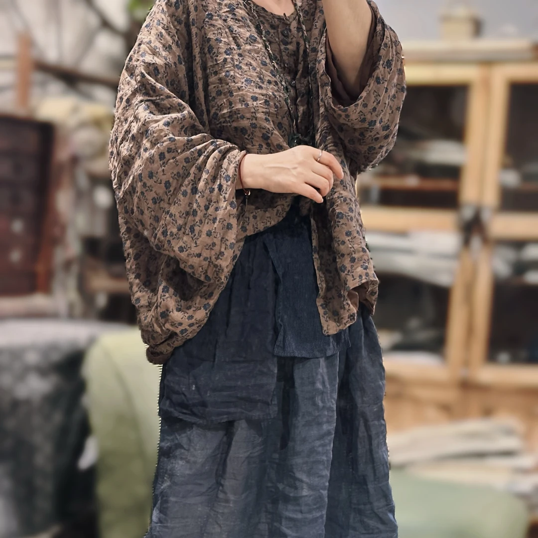 素年未央  SN192 文艺百搭落肩圆领苎麻印花双层开衫外套