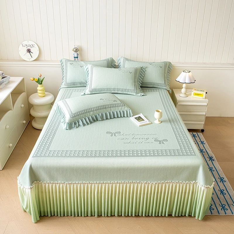 卧室轻奢高档加厚百分百中分子凉感席大版冰感床裙款凉席三件套金