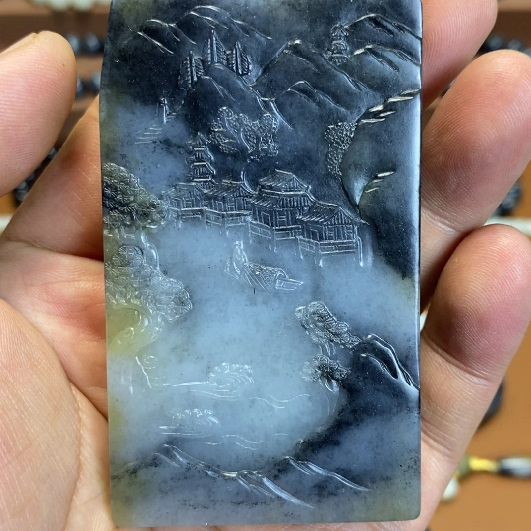 和田玉未镶嵌把件新疆和田玉青花三色山水手把