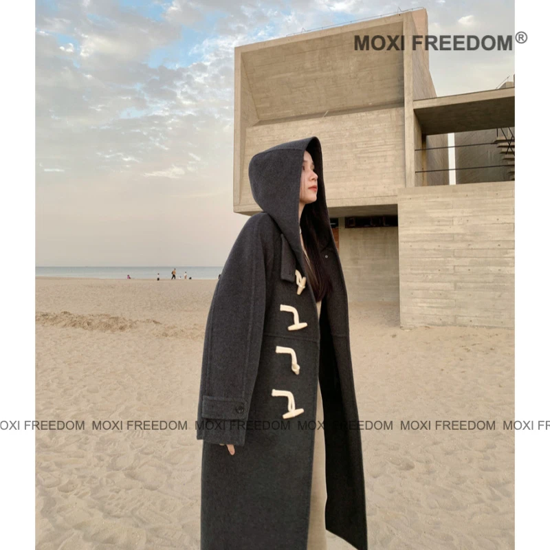 【暖冬纪事】宽松连帽木头扣减龄中长款毛呢双面羊毛大衣女外套