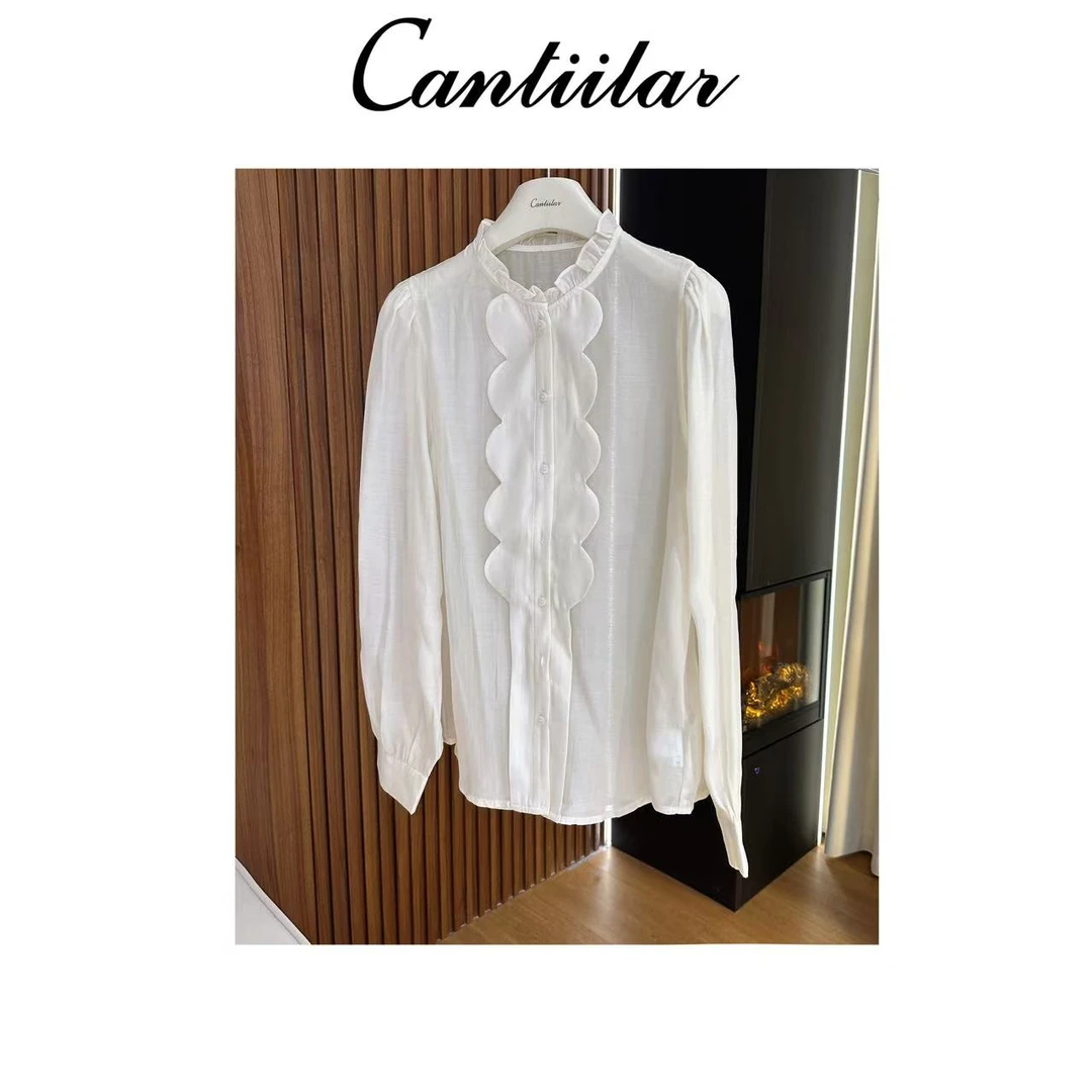 CANTIILAR 天丝人棉荷叶边领白色衬衫   7020