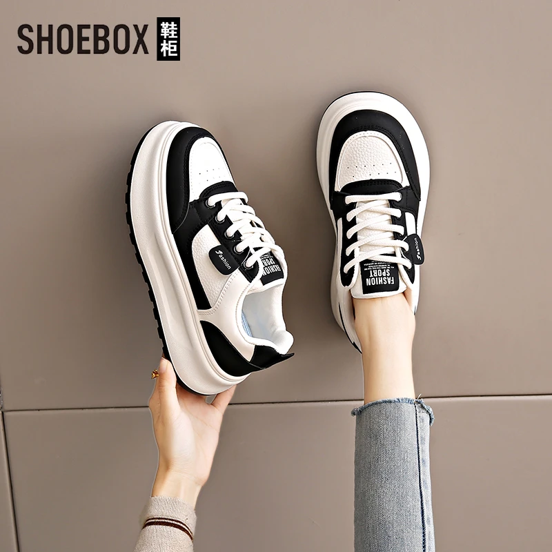 SHOEBOX鞋柜厚底皮面休闲板鞋女2025春季新款百搭休闲运动鞋女