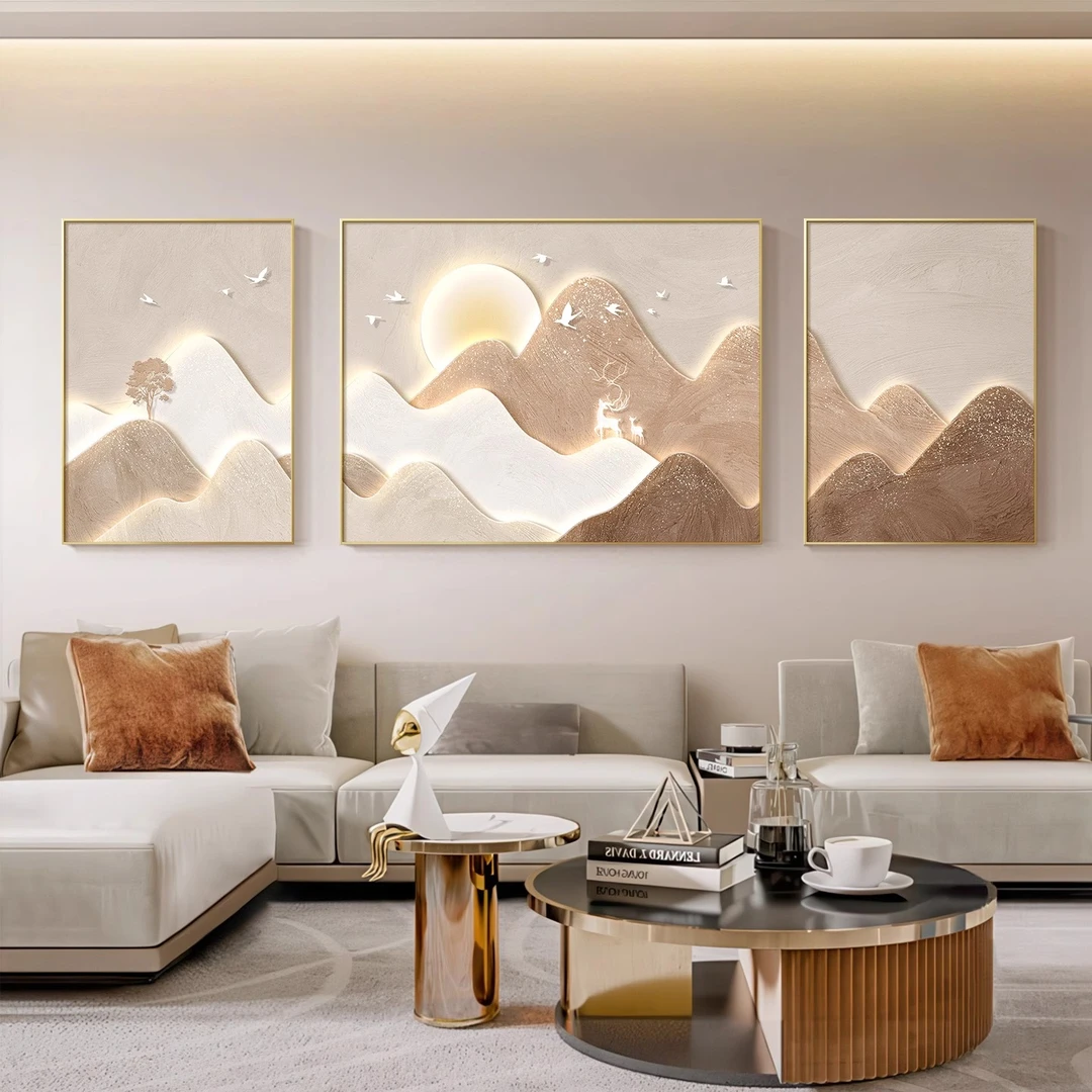 客厅装饰画轻奢背有靠山沙发背景墙挂画现代简约大气三联画壁画