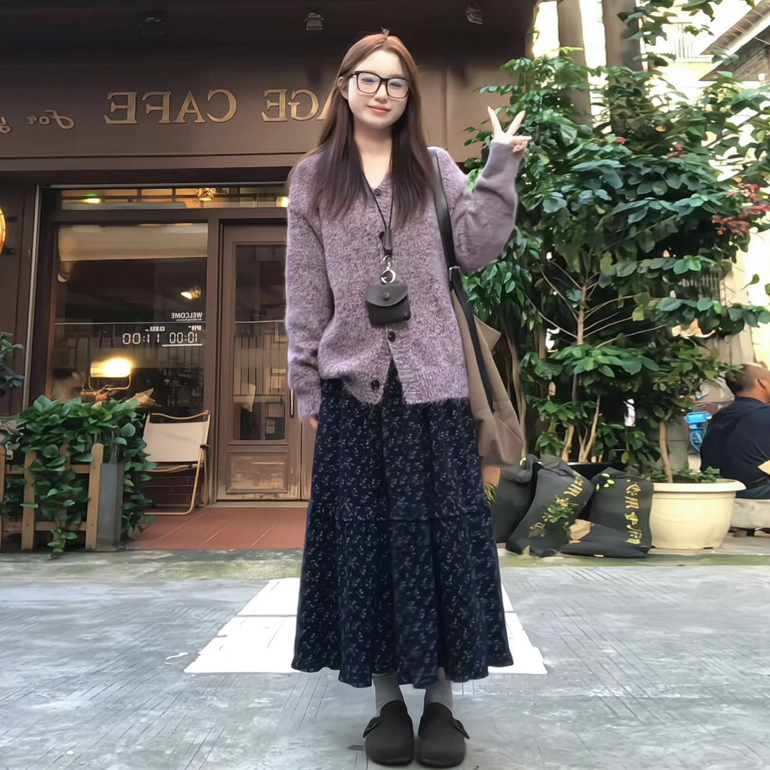 法式紫色毛衣外穿针织连衣裙子女秋冬2025新款高级氛围感长裙套装